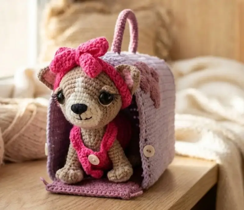 Complimentary Intermediate crochet pattern: Chihuahua in Bag Amigurumi Pattern - Simple to follow guide