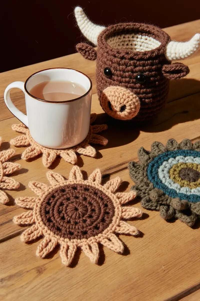 Complimentary Intermediate crochet pattern: Highland Cow Coaster Set Crochet Pattern - Simple to follow guide