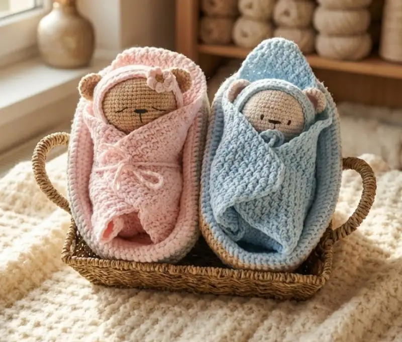 Complimentary Intermediate crochet pattern: Baby Bears in Cradle Amigurumi Pattern - Simple to follow guide