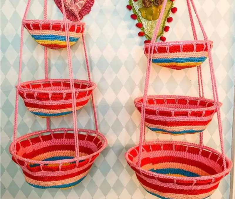 Complimentary Intermediate crochet pattern: Colorful Kitchen Hanging Wall Baskets Crochet Pattern - Simple to follow guide