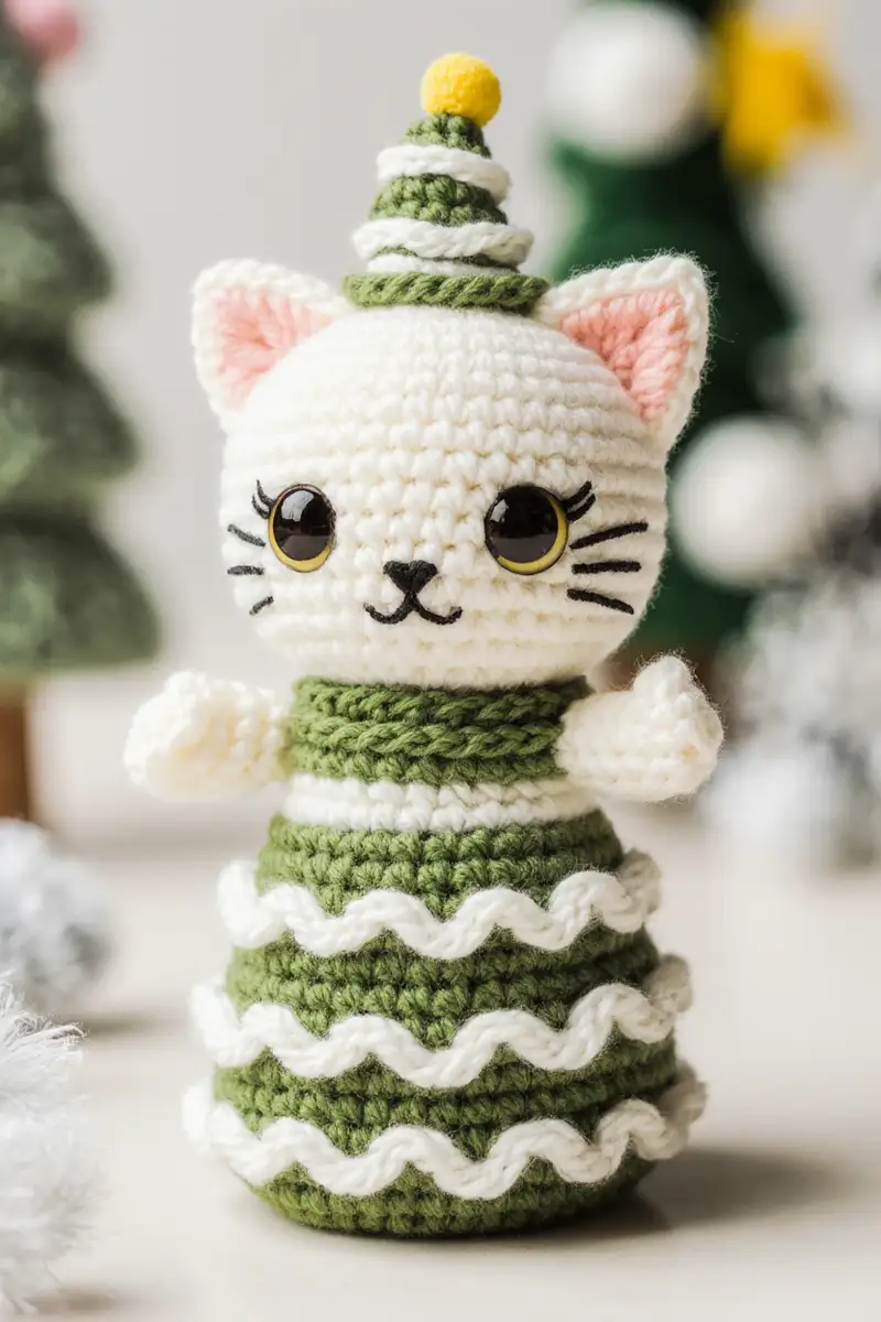 Complimentary Intermediate crochet pattern: Christmas Tree Cat Amigurumi Pattern - Simple to follow guide