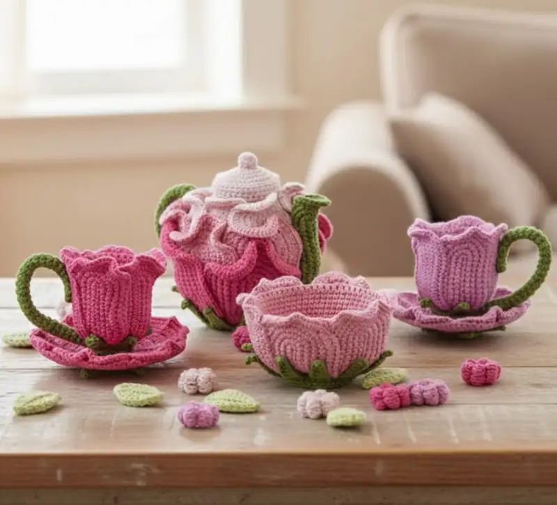 Complimentary Intermediate crochet pattern: Floral Tea Set Pattern - Simple to follow guide