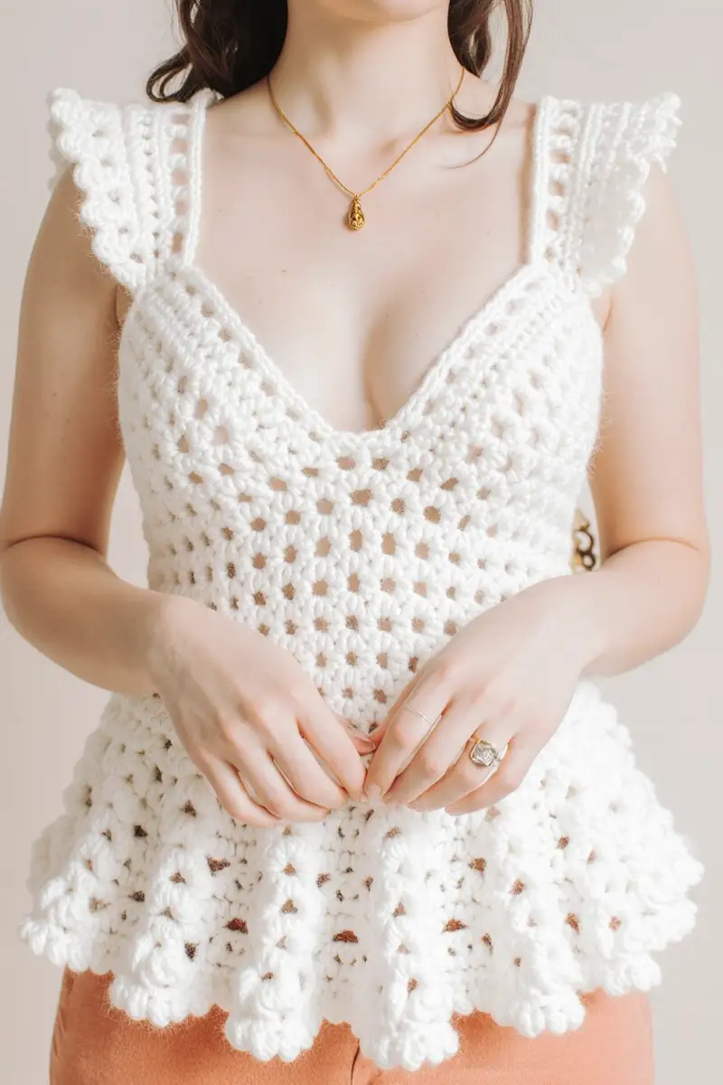 Complimentary Beginner Friendly crochet pattern: Hyacinth Lacy Peplum Top Pattern - Simple to follow guide