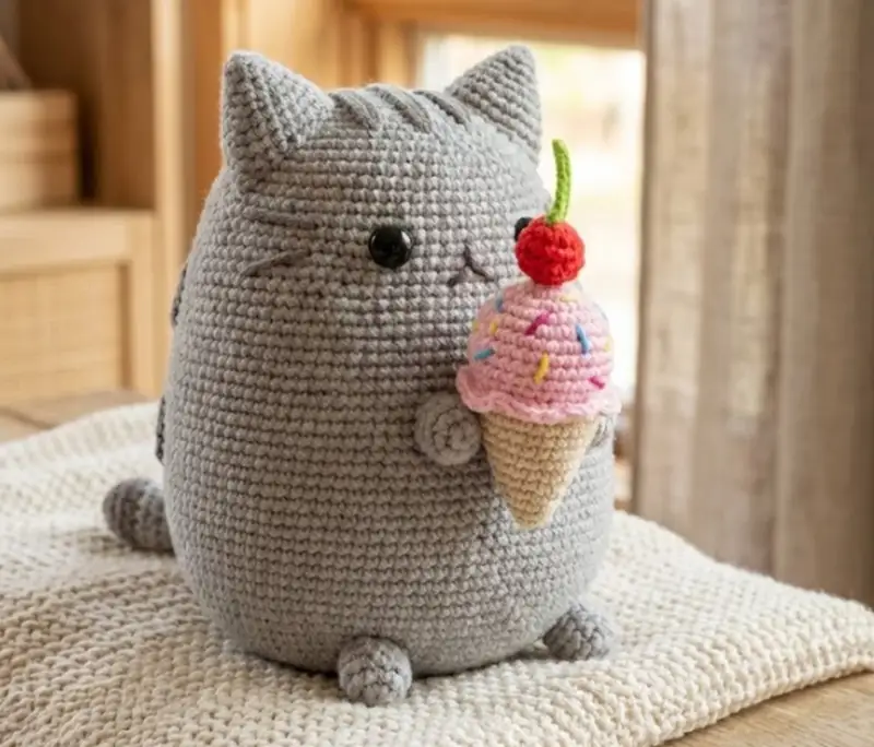 Complimentary Intermediate crochet pattern: Pusheen Cat with Ice Cream Amigurumi Pattern - Simple to follow guide