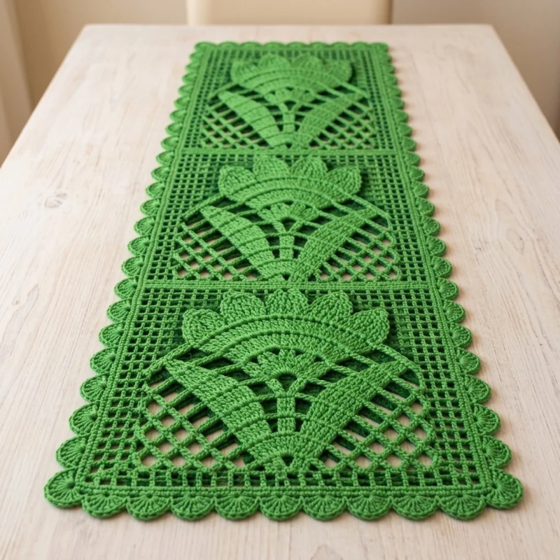 Complimentary Intermediate crochet pattern: Crochet Green Fan Motif Filet Table Runner Pattern - Simple to follow guide