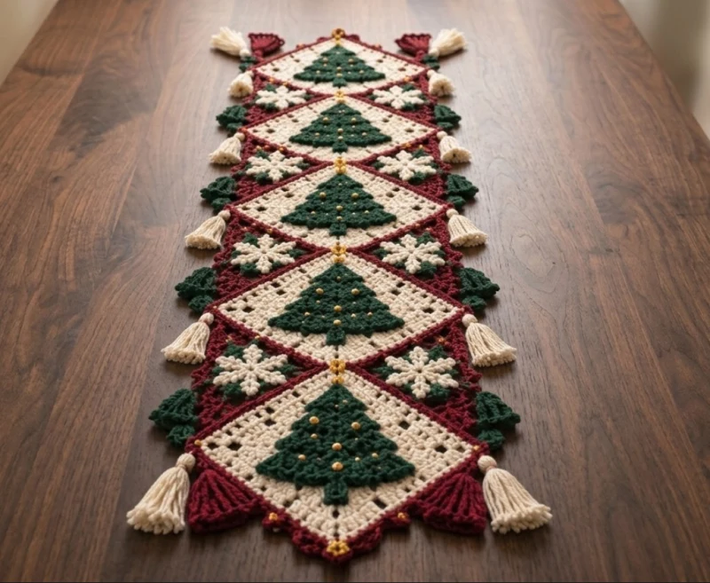 Complimentary Intermediate crochet pattern: Crochet Christmas Tree Diamond Table Runner Pattern - Simple to follow guide
