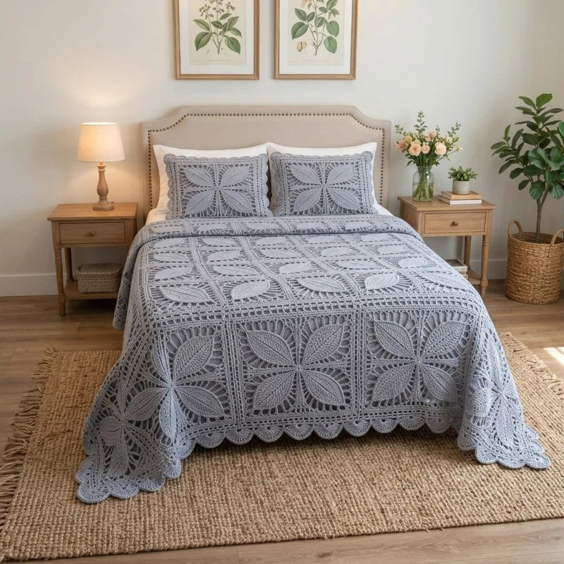 Complimentary Intermediate crochet pattern: Crochet Leaf Square Bedspread and Pillow Sham Pattern - Simple to follow guide