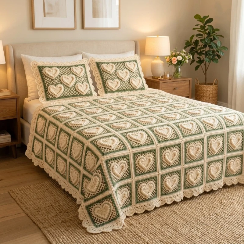Complimentary Intermediate crochet pattern: Crochet Heart Square Bedspread and Pillow Sham Pattern - Simple to follow guide