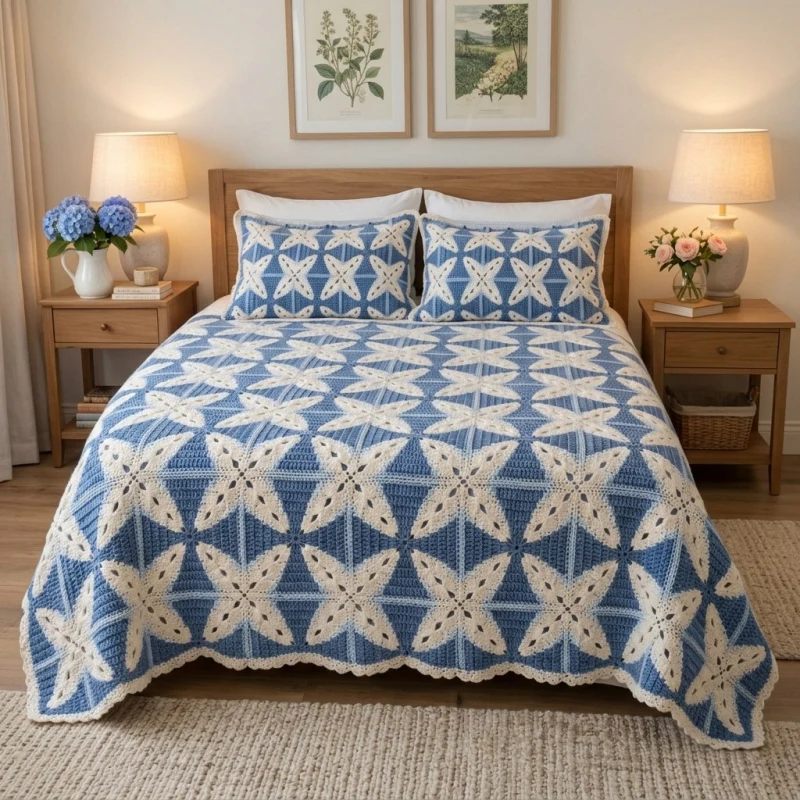 Complimentary Intermediate crochet pattern: Crochet Star Motif Bedspread and Pillow Sham Pattern - Simple to follow guide