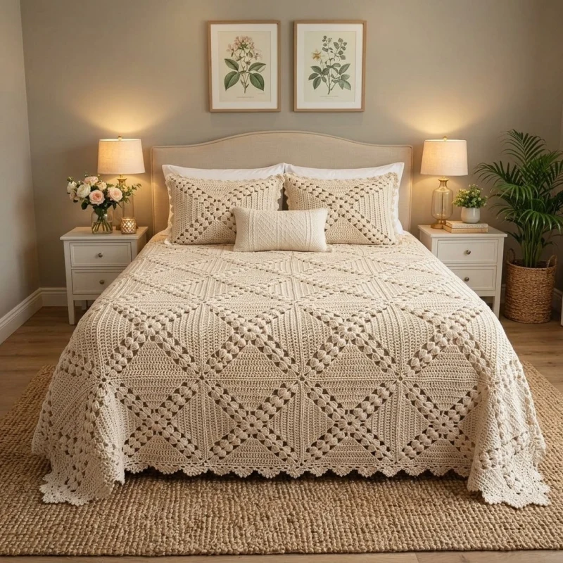 Quality crochet pattern: Crochet Lace Square Motif Bedspread Pattern - Intermediate level guide with complete instructions