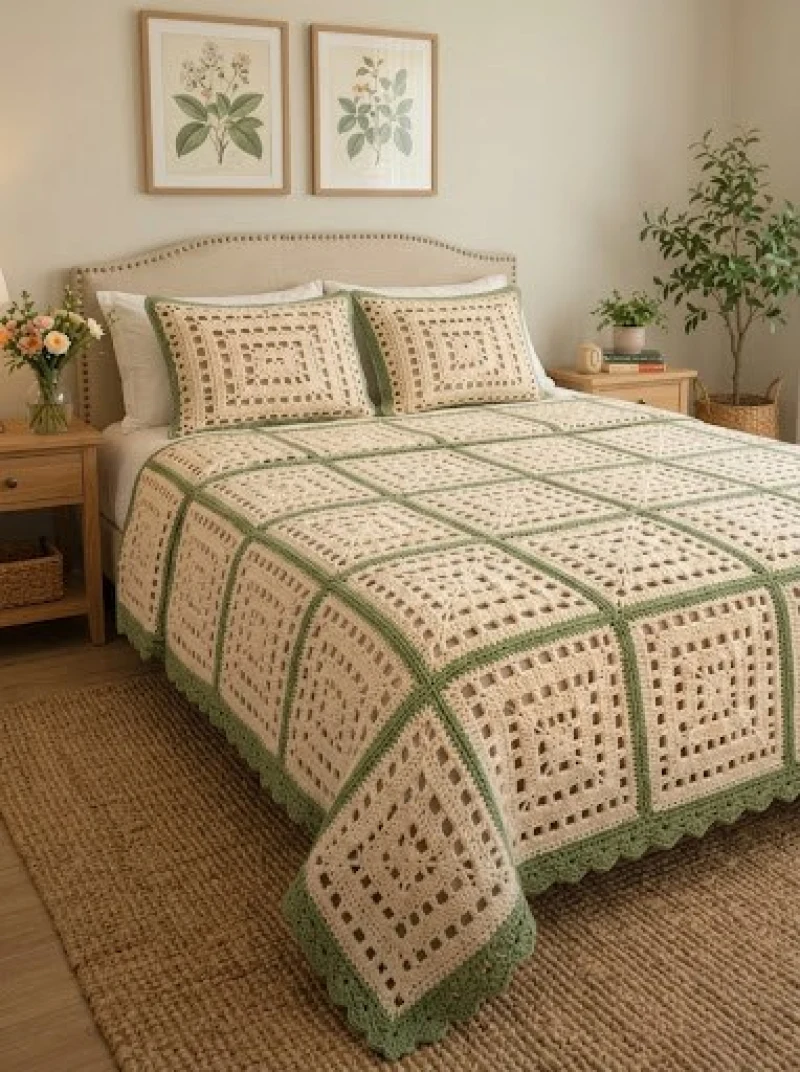 Quality crochet pattern: Crochet Sage and Cream Lace Square Bedspread with Matching Pillow Shams Pattern - Intermediate level guide with complete instructions