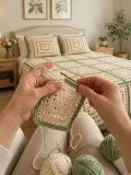 Crochet Sage and Cream Lace Square Bedspread with Matching Pillow Shams Pattern step 4