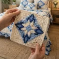 Crochet Blue and Cream Flower Bedspread Pattern step 3
